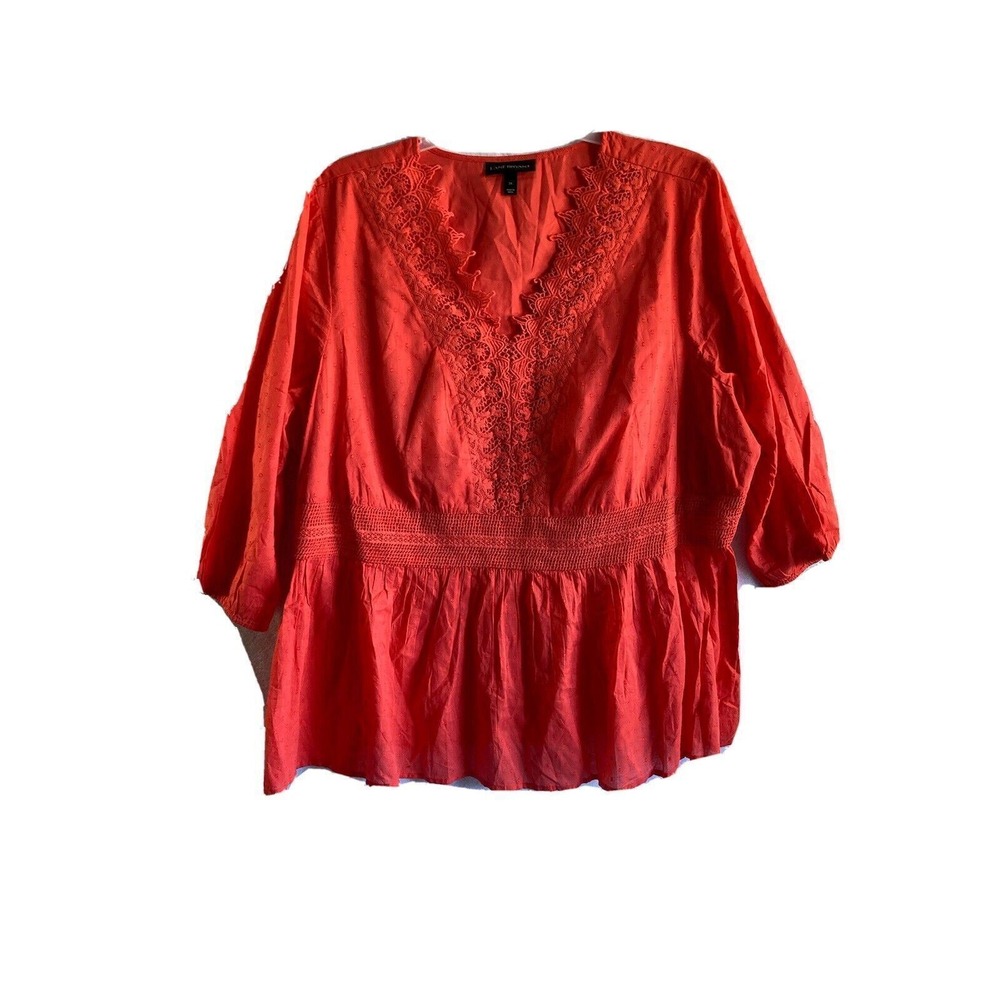 LANE BRYANT Top Blouse‎ Size 24 3/4 SLEEVE Crochet V neck Swiss Dot Orange NWT